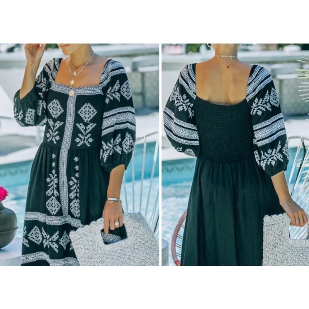 Strut & Bolt Black Linen Blend Embroidered 3/4 Sleeve Mini Small Dress Smocked